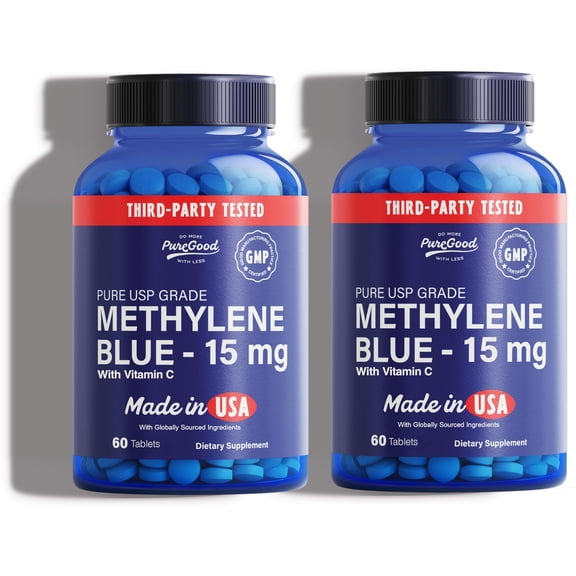 PureGood Pharmaceutical Grade Methylene Blue Tablets (2 Pack, 60 Count Each) 15 mg, with Vitamin C USP Grade, Third-Party Tested, Formaldehyde & Alcohol Free, Amber Bottle