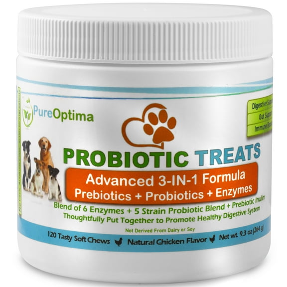 PureOptima Advanced Probiotics 4 Dogs Gut Digestion Allergy Relief 6 Enzymes + Prebiotics  120 Soft Single Chews