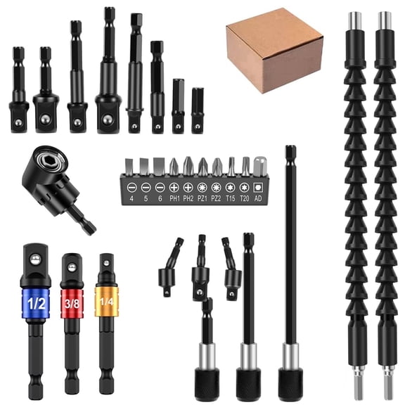 PurePick 30-Piece Drill Bit Extension Set, 105 Right Angle Attachment Kit with Flexible Shaft, 1/4 3/8 1/2 Socket Adapters and Screwdriver Bits, Black/Silver
