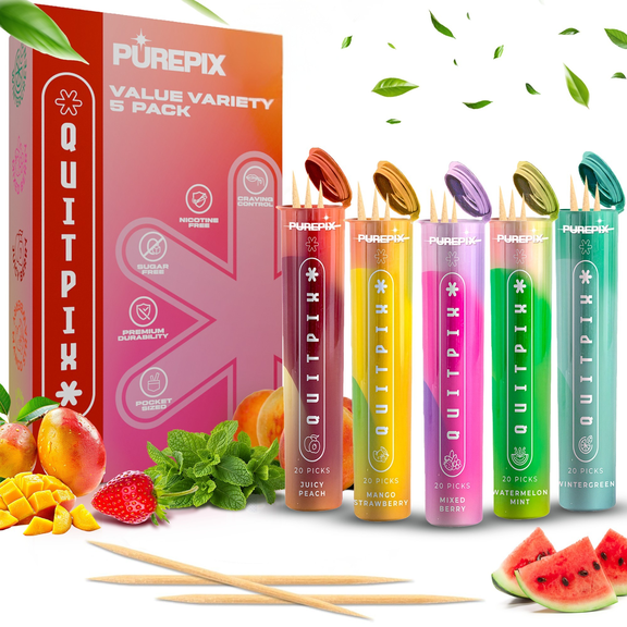 PurePix QuitPix to Help Quit Smoking Extra Thick Boosting Flavored Toothpicks with Lobelia - Aromatherapy - Oral Fixation - Nicotine Free Toothpicks - 5 Flavors Kosher Variety Pack