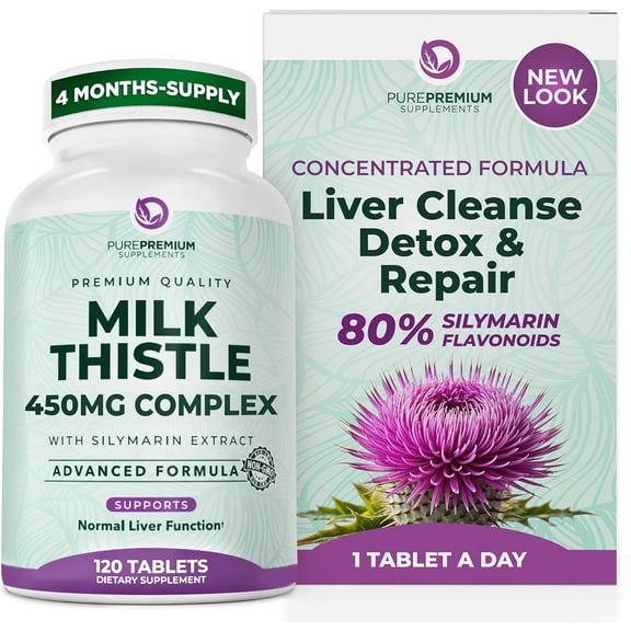 PurePremium Milk Thistle Supplement with Silymarin - 450mg Complex Normal Liver Support Supplement - Milk Thistle Extract for Normal Liver Function - 120 Tablets