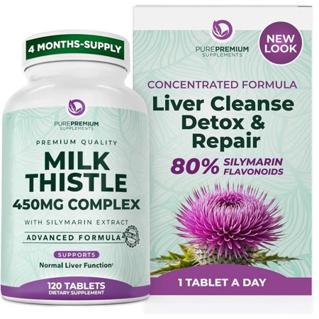 PurePremium Milk Thistle Supplement with Silymarin - 450mg Complex Normal Liver Support Supplement - Milk Thistle Extract for Normal Liver Function - 120 Tablets.