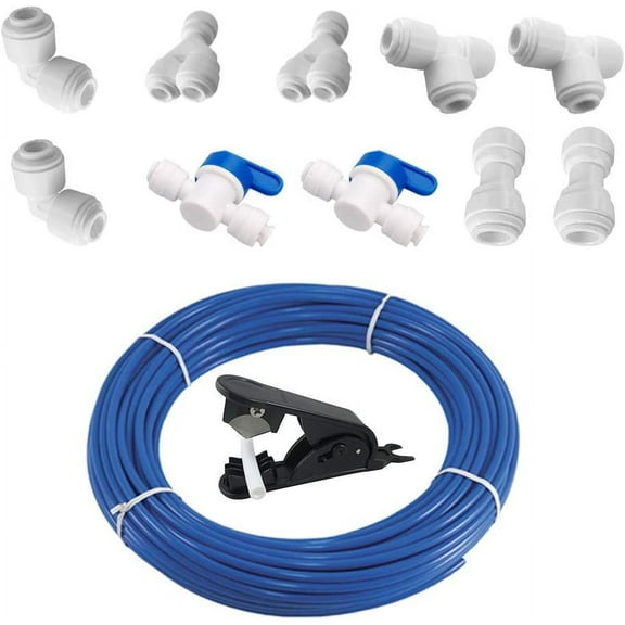 PureSec Tubing 3/8 Inch Blue RODI Tubing Polypropylene 16 Feet Push to Connect Fitting Kit for RODI System(Plastic Tubing+Ball Valve+Tee+Y+L+I+Tubing Cutter DIY Package)