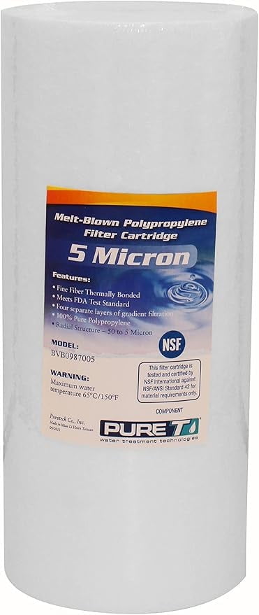 PureT BVB0987005 10x4.5" Water Sediment Filter - NSF Certified - Spun Poly Filter Removes Sediment and Other Organic Debris (5 u Micron Rated)