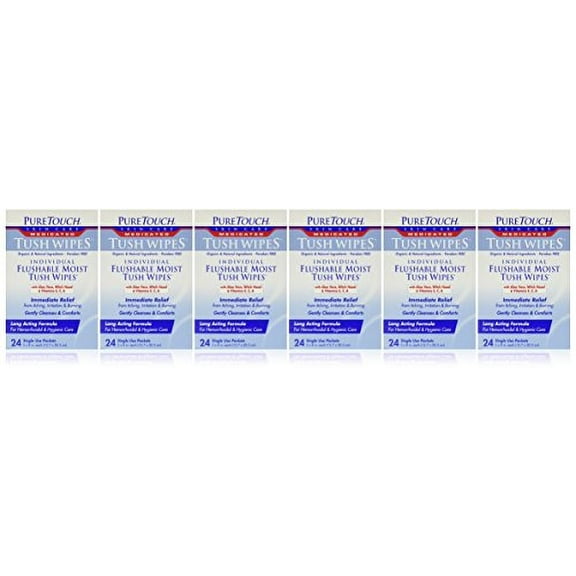 PureTouch MEDICATED Tush Wipes for adults 24 Individual Flushable Moist Wipes/ 6 boxes144 Single-Use-Packets