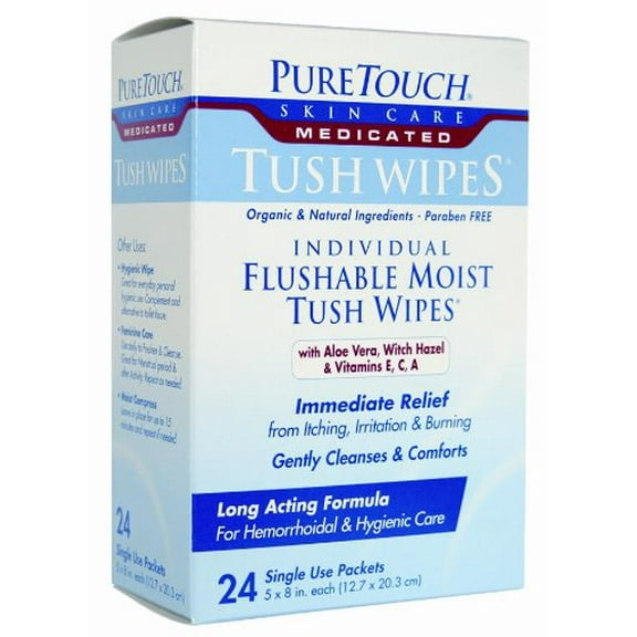 PureTouch MEDICATED Tush Wipes for adults Individual Flushable Moist Wipes BULK 350 Single-Use-Packets