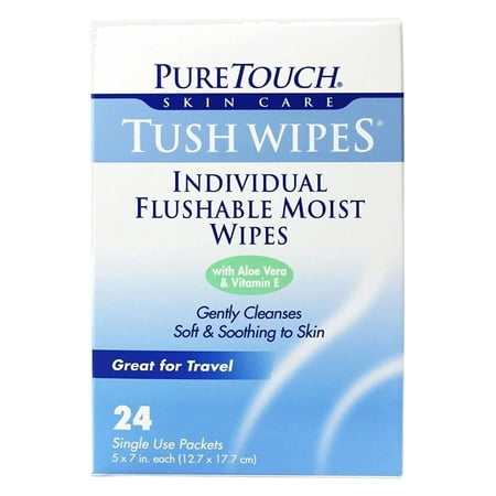 PureTouch Tush Wipes- Individual Flushable Moist Wipes 6 boxes of 24 (144 Single-Use-Packets)