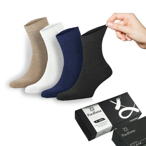 PureTwine Diabetic Socks for Men | Soft Bamboo Viscose Breathable Non Binding Neuropathy Socks for Men | Size 8-12 Pack of 4
