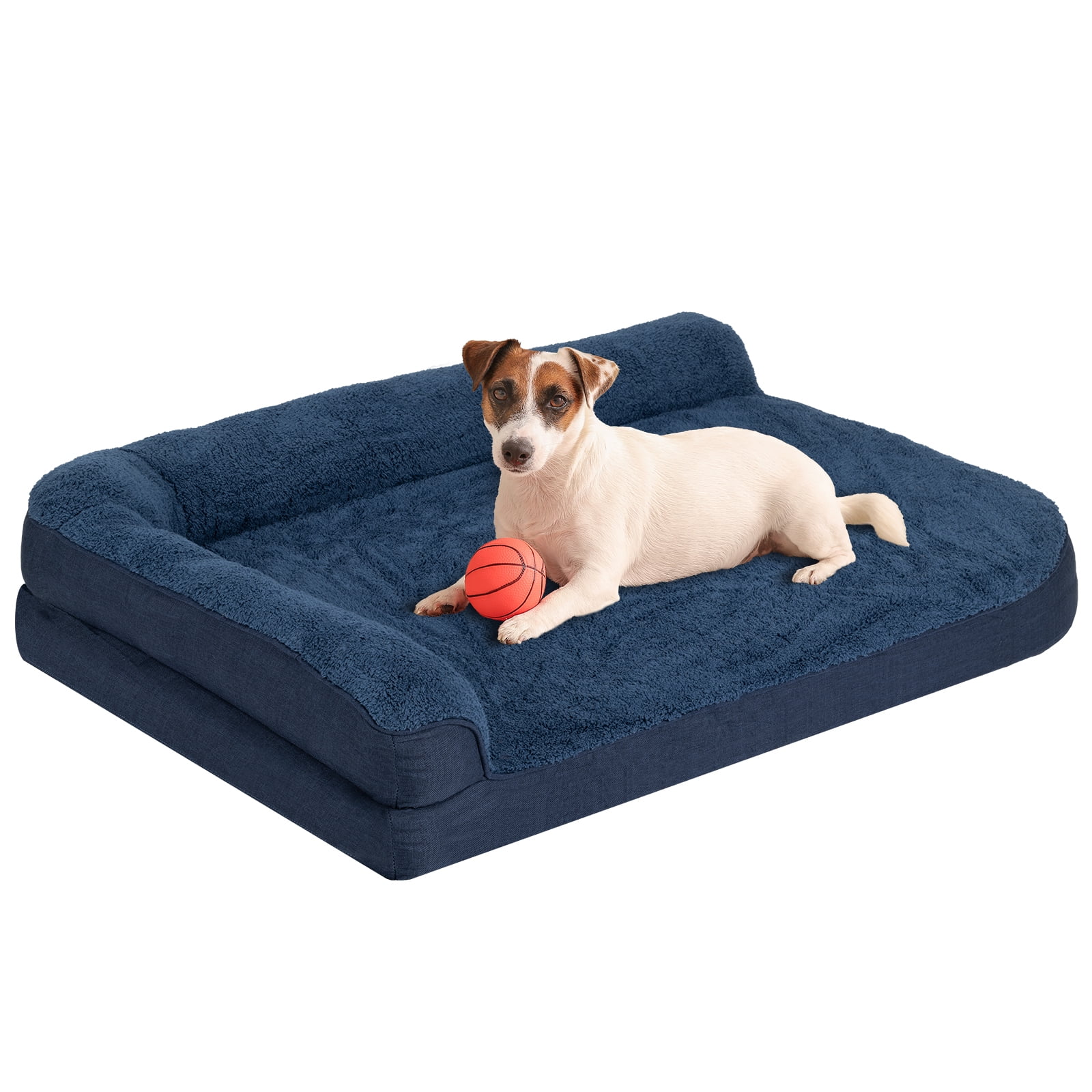PureWags Orthopedic Dog Beds, L Shaped Waterproof Large Dog Bed with Removable Cover and Nonskid Base, Soft Pet Couch Bed-Navy Blue, M