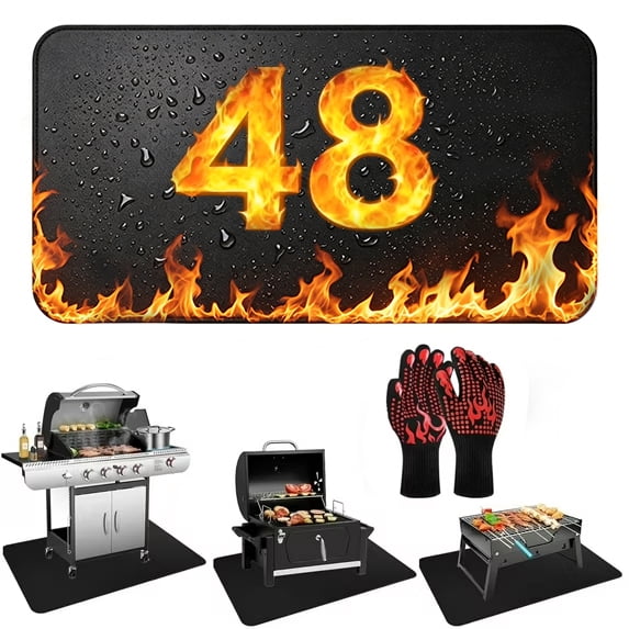 PureWellness Large 65x48in Under Grill Mats, Double-Sided Fireproof Grill Pad Mat, Indoor Fireplace/Fire Pit Mat, Waterproof Heat Resistant Protector for Decks Outdoor & Patios, with 2pcs BBQ Glove