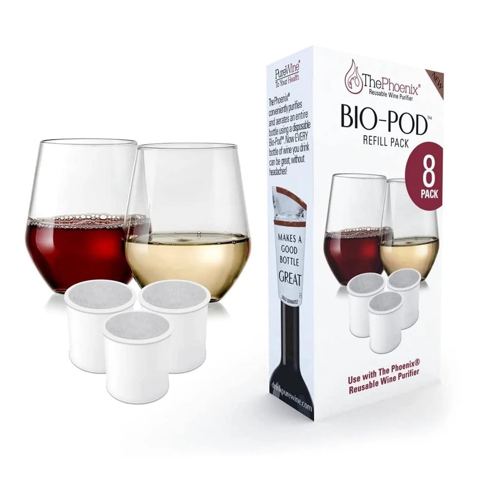 PureWine Phoenix BioPods 8Pack Refill for Wine Filter EcoFriendly, Portable, Reusable Wine