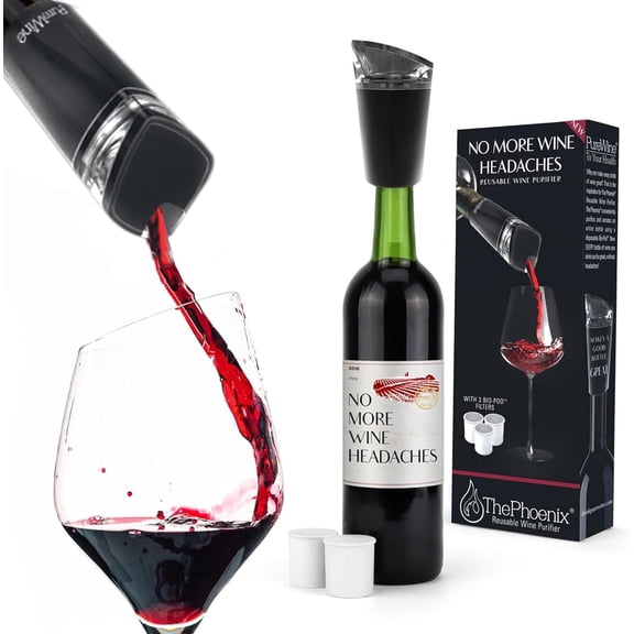PureWine Phoenix Wine Aerator Pourer Spout - Removes Histamines & Sulfites as You Pour, Red & White Wine Purifier Filter, Helps Allergies & Headaches, Restores Oxidized Bottles- Starter Kit, Noir