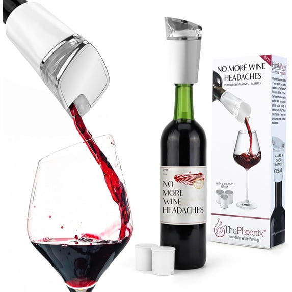 PureWine Phoenix Wine Aerator Pourer Spout - Removes Histamines & Sulfites as You Pour, Red & White Wine Purifier Filter, Helps Allergies & Headaches, Restores Oxidized Bottles- Starter Kit, White