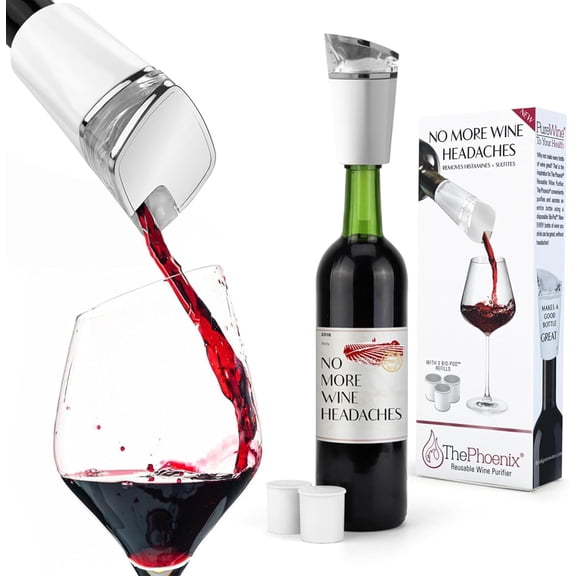 PureWine Phoenix Wine Aerator Pourer Spout - Removes Histamines & Sulfites as You Pour, Red & White Wine Purifier Filter, Helps Allergies & Headaches, Restores Oxidized Bottles- Starter Kit, White