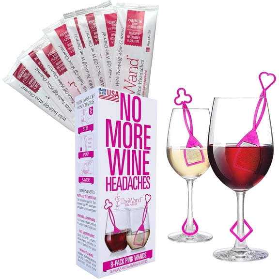 PureWine The Wand Wine Purifier - Red & White Wine Filters for Histamines & Sulfites, Sulfite Remover Sticks, Helps Allergies & Headaches, Gift Accessories for Women & Men - 8 Wands, Pink