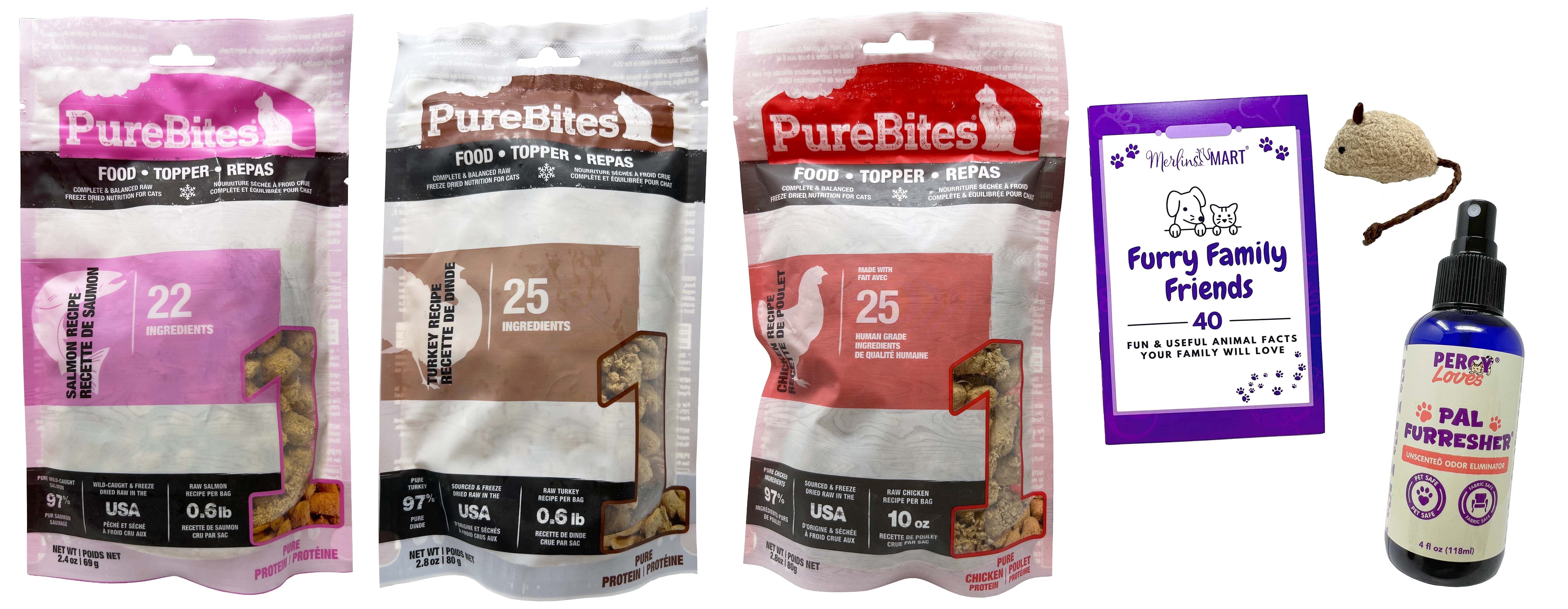 Purebites Cat Food Toppers - 3 Flavors; 1 Each: Turkey, Salmon, Chicken | Percy Loves Pal Furresher, Cat Toy, Merlinsmart Zine