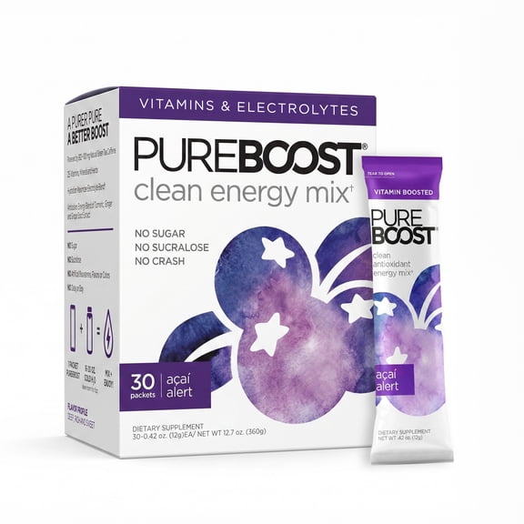 Pureboost Clean Energy Booster, Refreshing Energy Drink Mix with B12 Vitamins, Electrolytes, Antioxidants, Sugar-Free with No Sucralose (Acai Alert, 30 Count)
