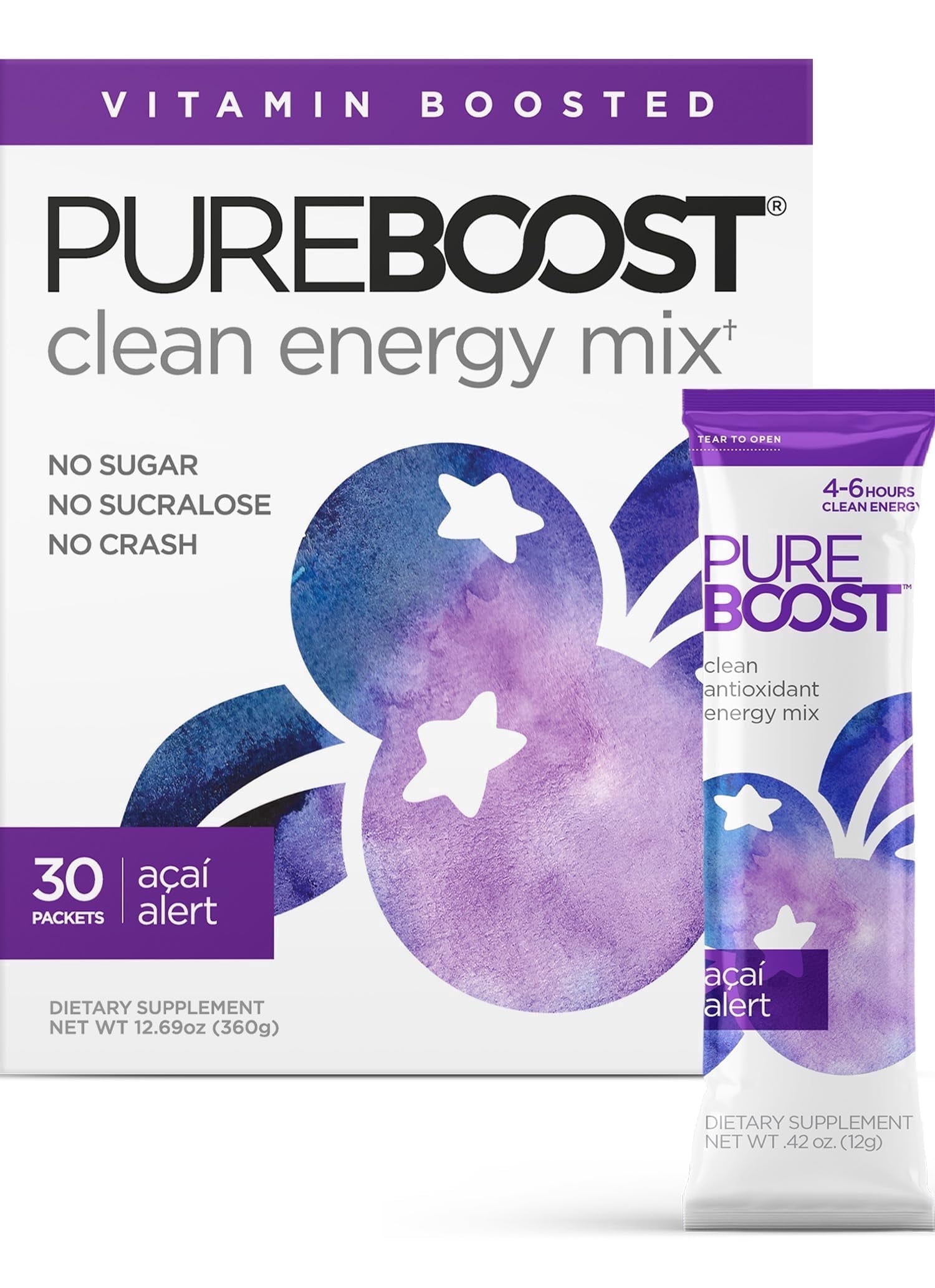 Pureboost Clean Energy Booster, Acai Alert 30 Count, Refreshing Energy Drink mix with B12, Electrolytes & Antioxidants, Sugar-Free with No Sucralose