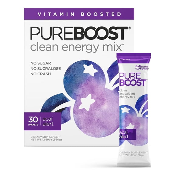 Pureboost Clean Energy Booster, Refreshing Energy Drink Mix with B12 Vitamins, Electrolytes, Antioxidants, Sugar-Free with No Sucralose (Acai Alert, 30 Count)