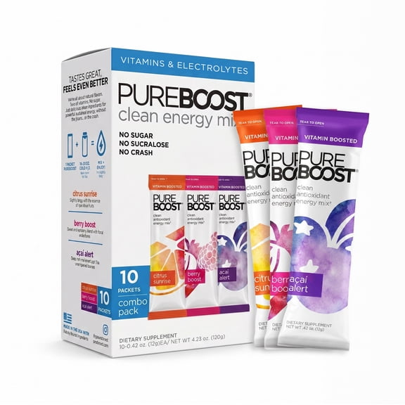 Pureboost Clean Energy Drink Mix, Citrus Sunrise, Berry Boost and Acai Alert , Sugar-Free (Combo Pack, 30 Count)