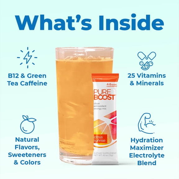 Pureboost Clean Energy Drink Mix, Citrus Sunrise, Berry Boost and Acai Alert , Sugar-Free (Combo Pack, 30 Count)