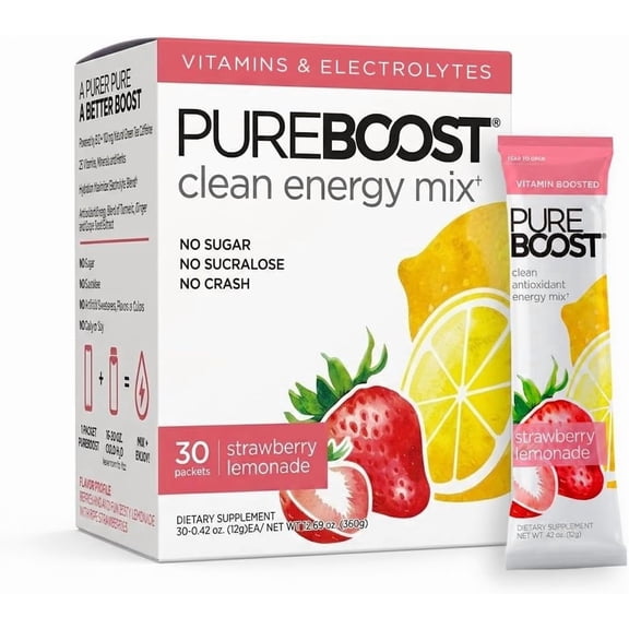 Pureboost Clean Energy Booster, Strawberry Lemonade 30 Count, Refreshing Energy Drink mix with B12, Electrolytes & Antioxidants, Sugar-Free with No Sucralose