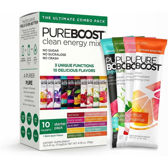 Pureboost Clean Energy Drink Mix Variety Pack - 10 Flavors, 100 mg Natural Caffeine from Green Tea, Vitamin B12 & Electrolytes, Sugar-Free, Non-GMO, 10 Stick Pack