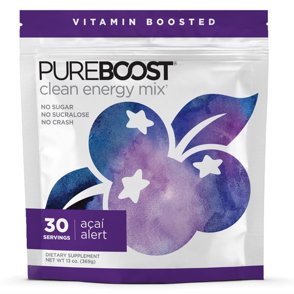 Pureboost Clean Energy Powder Drink Mix,13 oz, Refreshing Energy Booster with B12 Vitamins, Electrolytes, Antioxidants, Sugar-Free with No Sucralose (Acai Alert, 30 Servings)