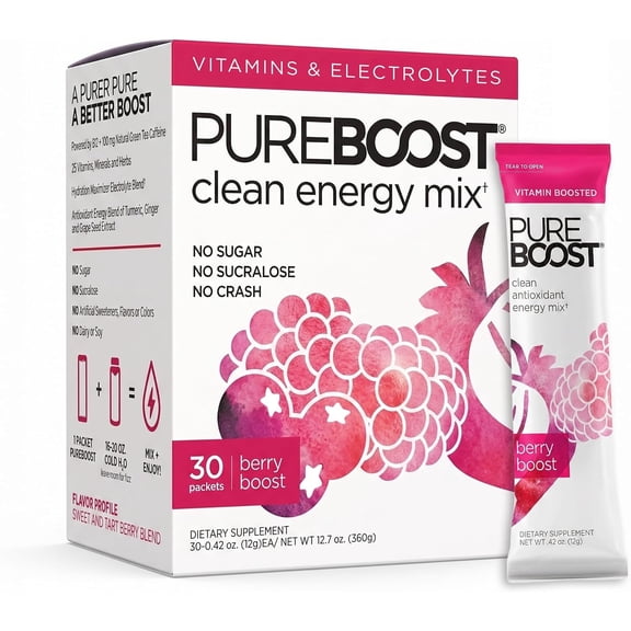 Pureboost Clean Energy Powder Drink Mix,13 oz, Refreshing Energy Booster with B12 Vitamins, Electrolytes, Antioxidants, Sugar-Free with No Sucralose (Berry Boost, 30 Servings)