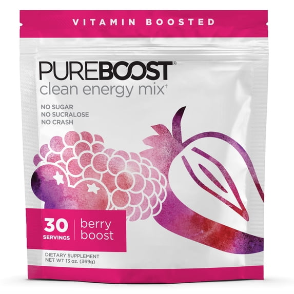 Pureboost Clean Energy Powder Drink Mix,13 oz, Refreshing Energy Booster with B12 Vitamins, Electrolytes, Antioxidants, Sugar-Free with No Sucralose (Berry Boost, 30 Servings)