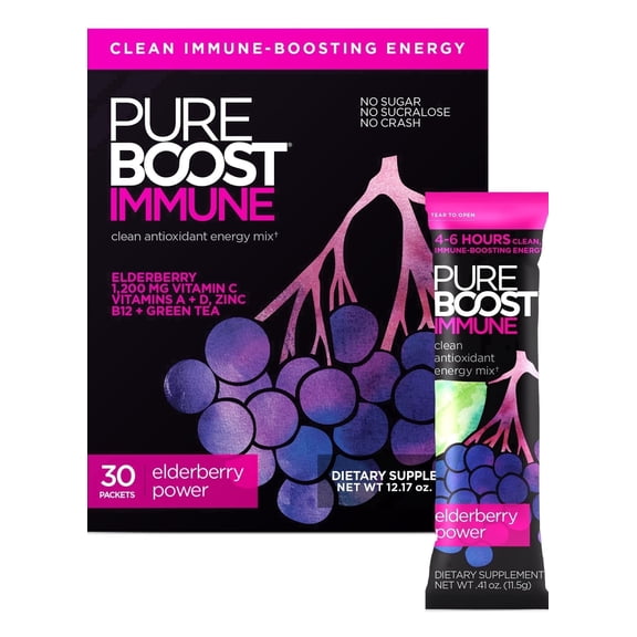 Pureboost Immune Clean Energy Booster, Refreshing Energy Drink Mix and Immunity Supplement with Elderberry, 1,200 mg Vitamin C, Vitamins A + D, and Zinc. (Elderberry Power, 30 Count)