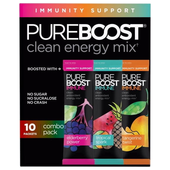 Pureboost Immune Clean Energy Booster, Combo Pack 10 Count, Refreshing Energy Drink Mix and Immunity Supplement with Elderberry, 1,200 mg Vitamin C, Vitamins A D, and Zinc. Sugar-Free