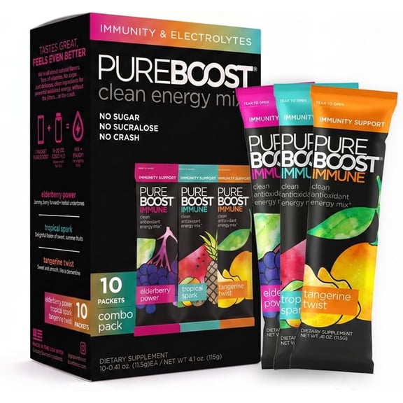 Pureboost Immune Clean Energy Booster, Combo Pack 10 Count, Refreshing Energy Drink Mix and Immunity Supplement with Elderberry, 1,200 mg Vitamin C, Vitamins A + D, and Zinc. Sugar-Free