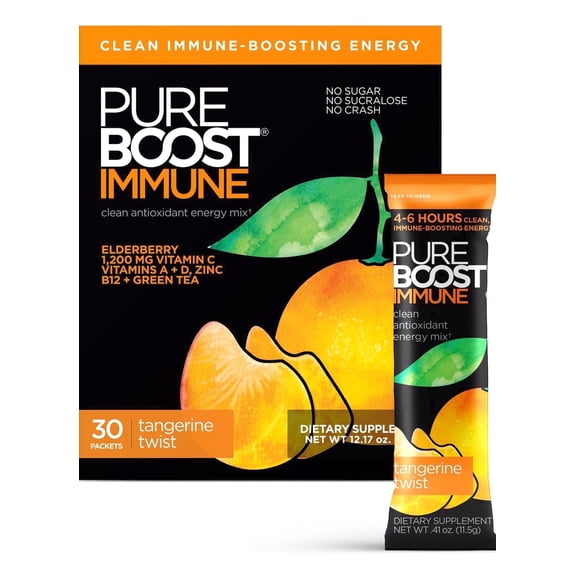 Pureboost Immune Clean Energy Booster, Tangerine Twist 30 Count, Refreshing Energy Drink Mix and Immunity Supplement with Elderberry, 1,200 mg Vitamin C, Vitamins A + D, and Zinc. Sugar-Free