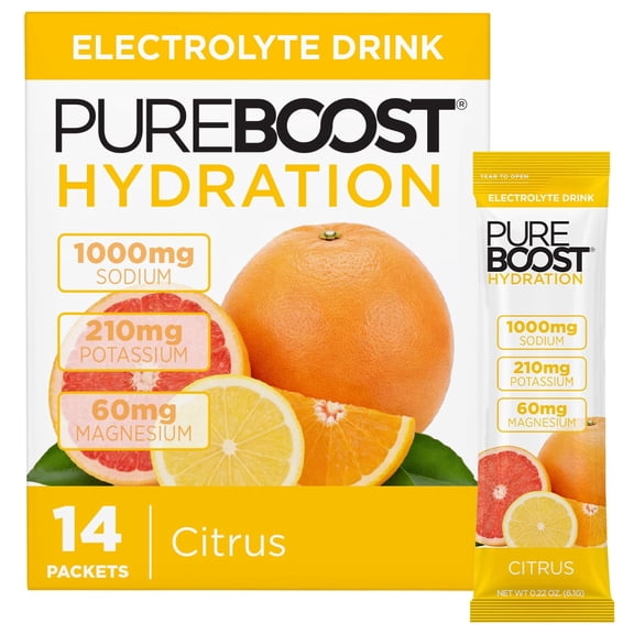 Pureboost Sugar Free Electrolyte Hydration Powder Packets Citrus, 14 Count Zero Calories Fast Hydration Drink Mix with 1000mg Sodium, Potassium & Magnesium Gluten Free Drink Mix