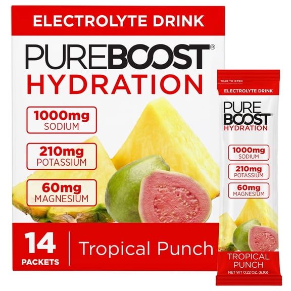 Pureboost Sugar Free Electrolyte Hydration Powder Packets Tropical Punch, 14 Count Zero Calories Fast Hydration Drink Mix with 1000mg Sodium, Potassium & Magnesium Gluten Free Drink Mix