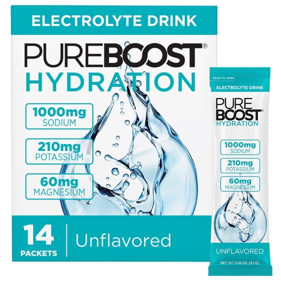 Pureboost Sugar Free Electrolyte Hydration Powder Packets Unflavored, 14 Count Zero Calories Fast Hydration Drink Mix with 1000mg Sodium, Potassium & Magnesium Gluten Free and Keto Friendly Drink Mix