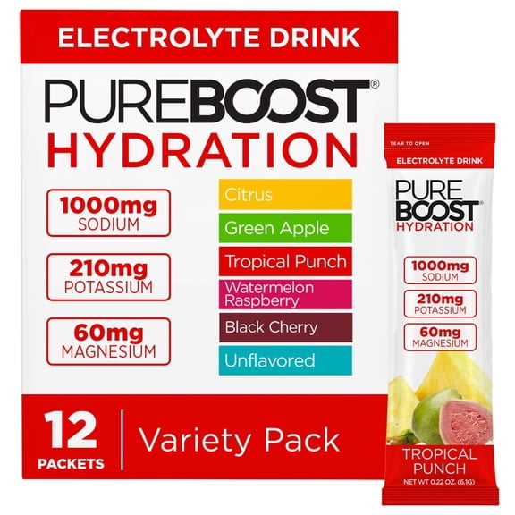 Pureboost Sugar Free Electrolyte Hydration Powder Packets Variety Pack 12 Count Zero Calories Fast Hydration Drink Mix with 1000mg Sodium, Potassium & Magnesium Gluten Free Drink Mix