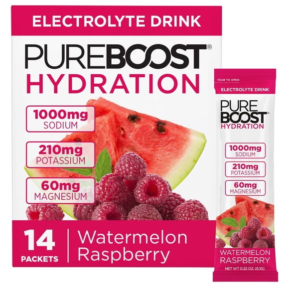 Pureboost Sugar Free Electrolyte Hydration Powder Packets Watermelon Raspberry, 14 Count Zero Calories Fast Hydration Drink Mix with 1000mg Sodium, Potassium & Magnesium Gluten Free Drink Mix