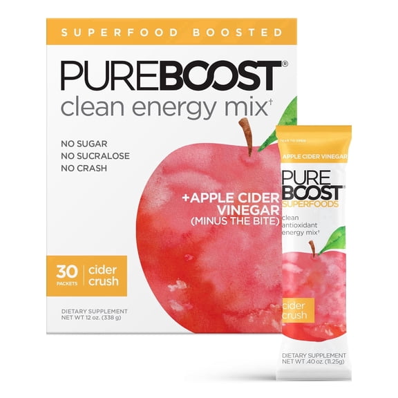 Pureboost Superfoods Clean Energy Booster with Apple Cider Vinegar. Refreshing Energy Drink Mix with 1,000 mg of ACV with The Mother. Sugar-Free, No Sucralose (Cider Crush, 30 Count)