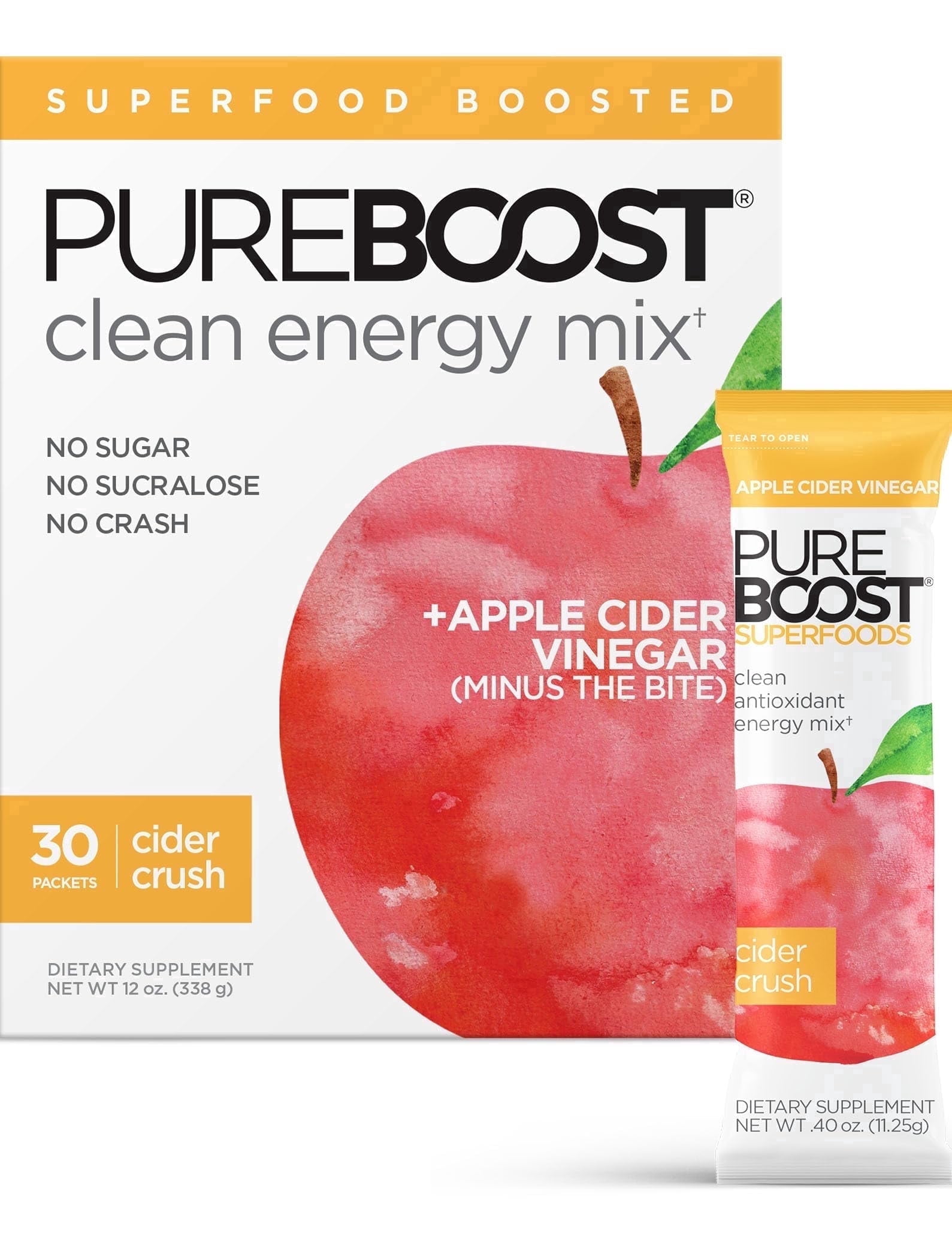 Pureboost Superfoods Clean Energy Booster, Cider Crush 30 Count, Refreshing Energy Drink Mix with Apple Cider Vinegar with The Mother, Sugar Free, No Sucralose, Electrolytes