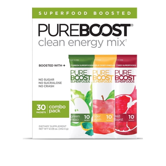 Pureboost Superfoods Clean Energy Booster, Energy Drink Mix with Apple Cider Vinegar, 7 Organic Red or Green Superfoods. Sugar-Free, No Sucralose, Electrolytes (Combo Pack, 30 Count)