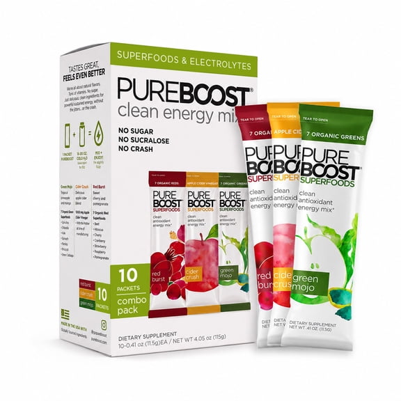 Pureboost Superfoods Clean Energy Booster, Combo Pack 10 Count, Refreshing Energy Drink Mix with Apple Cider Vinegar 7 organic Red or Green Superfoods. Sugar-Free, No Sucralose, Electrolytes