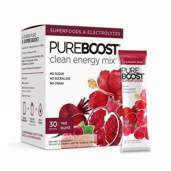 Pureboost Superfoods Clean Energy Booster, Red Burst 30 Count, Energy Drink Mix with 7 Organic Red Superfoods; Beet, Hibiscus, Pomegranate & Vitamins. Sugar Free, No Sucralose