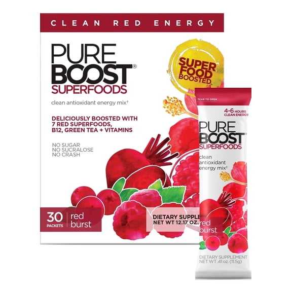 Pureboost Superfoods Clean Energy Booster, Refreshing Energy Drink Mix with 7 Organic Red Superfoods; Beet, Hibiscus, Pomegranate and Vitamins. Sugar-Free, No Sucralose (Red Burst, 30 Count)