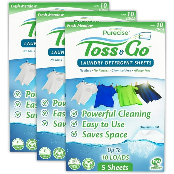 Purecise Toss & Go Laundry Detergent Sheets Eco Friendly 3 Pack 15 Count Up to 30 loads, Fresh Meadow