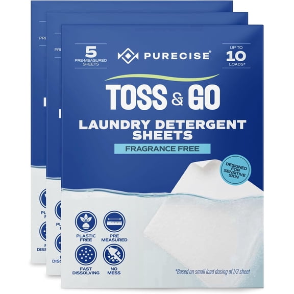 Purecise Toss & Go Laundry Detergent Sheets, Unscented, 3-Pack (15 Sheets) Up to 30 Loads – Travel Size, Plant-Based, Fragrance-Free, HE Compatible