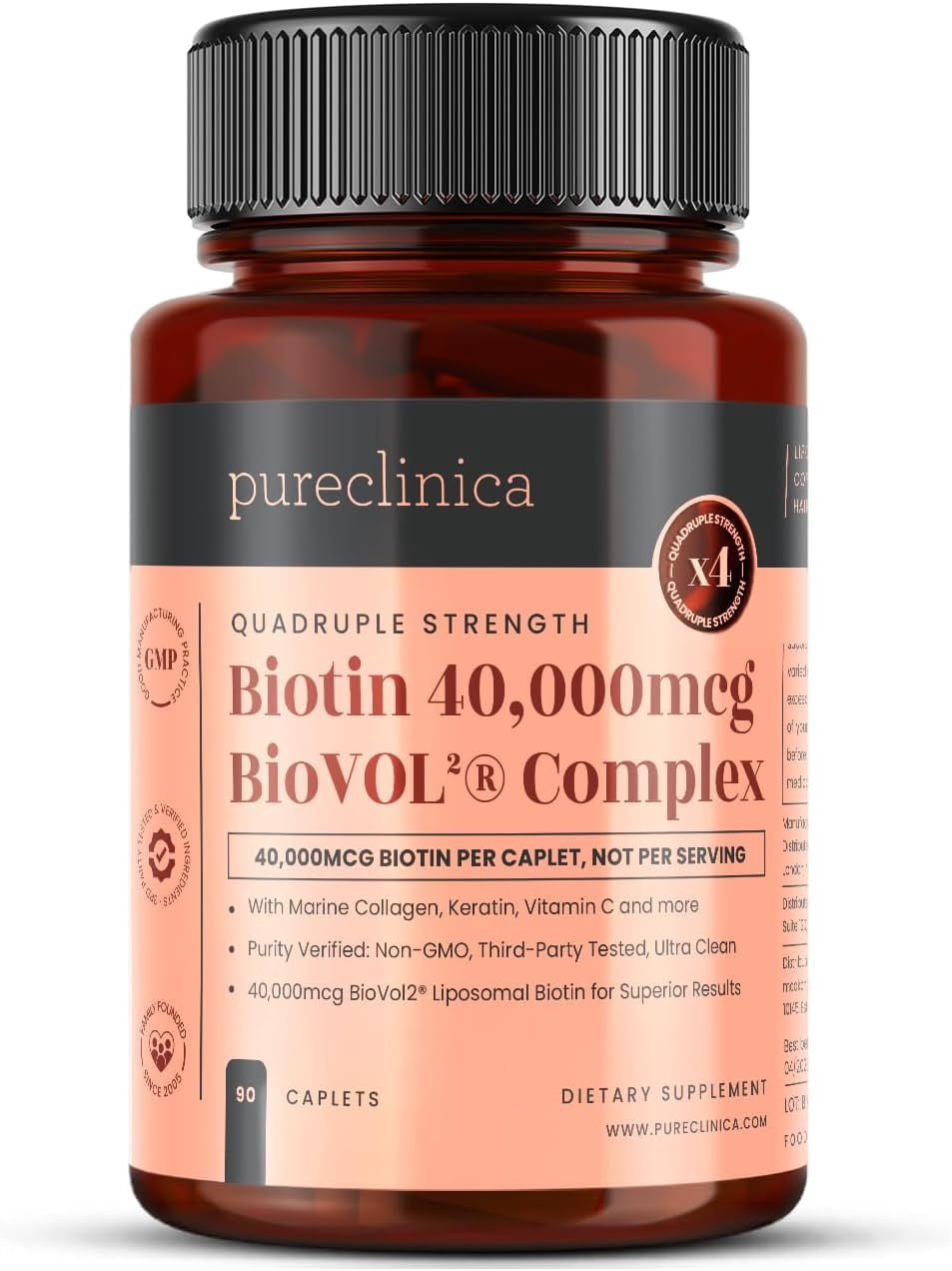 Pureclinica 400% Strength Biotin 40,000mcg – BioVOL²® Liposomal Biotin Complex with Marine Collagen, Keratin, Vitamin C & Hyaluronic Acid – 90 Caplets (3-Month Supply)