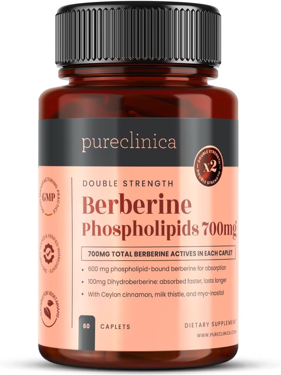 Pureclinica Double Strength Berberine Complex, 700mg Active Berberine with Dihydroberberine, Ceylon Cinnamon, Milk Thistle & Myo-Inositol, 60 Caplets