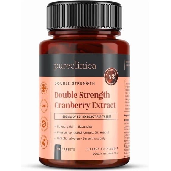 Pureclinica Double Strength Cranberry Extract, 200mg 50:1 Concentrate, 10,000mg Equivalent, 720 Tablets (4 Bottles of 180), 2-Year Supply